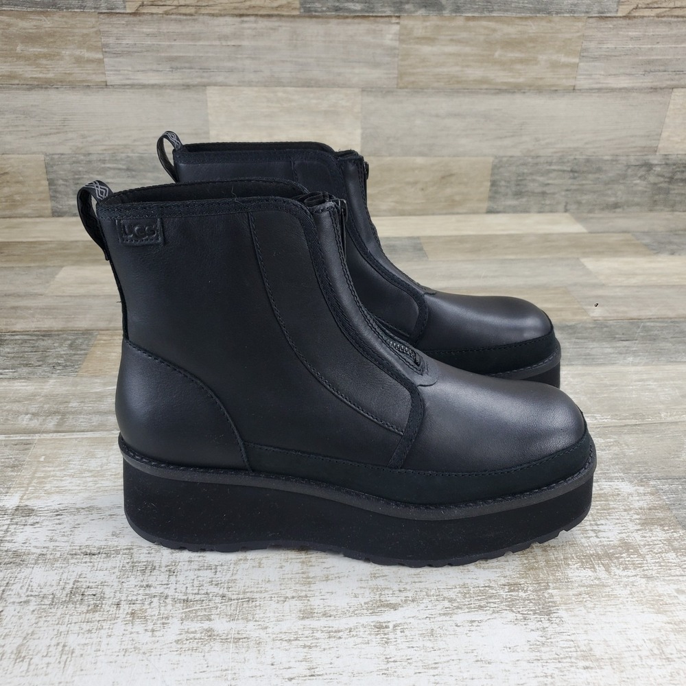 UGG Cityfunc Womens Platform Boots Sz 9 Black Leather Front Zip Mid-Top Comfort